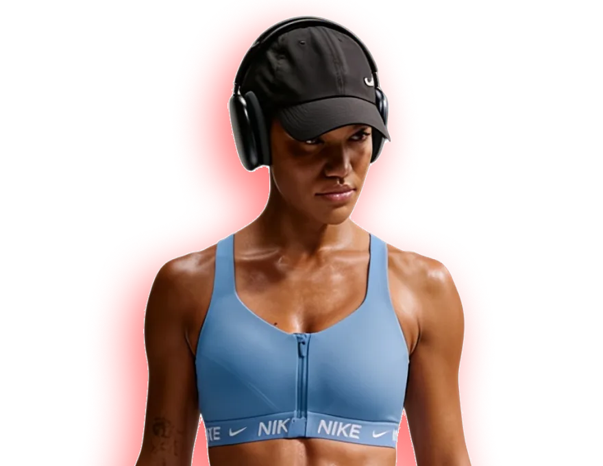 A runner wearing a blue Nike sports bra with high support