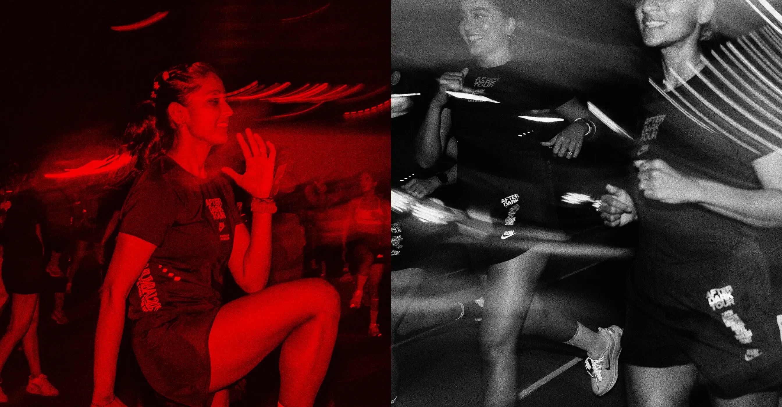 Runners cheering under red light at the After Dark Tour finish