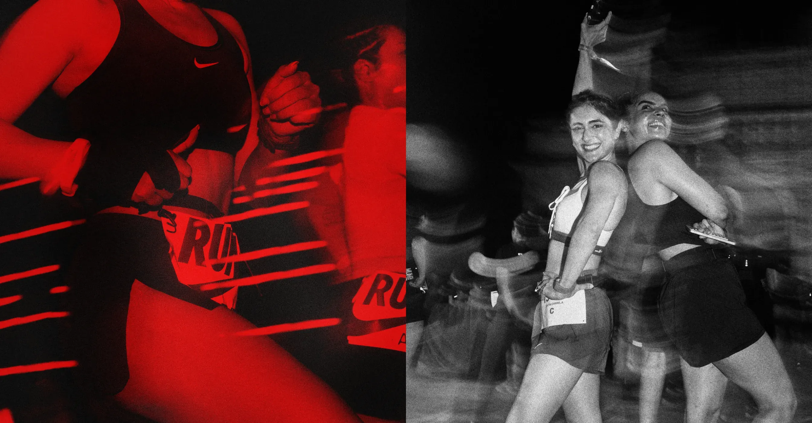 Runners wearing race bibs mid-stride under red light beside two smiling runners posing back to back at night