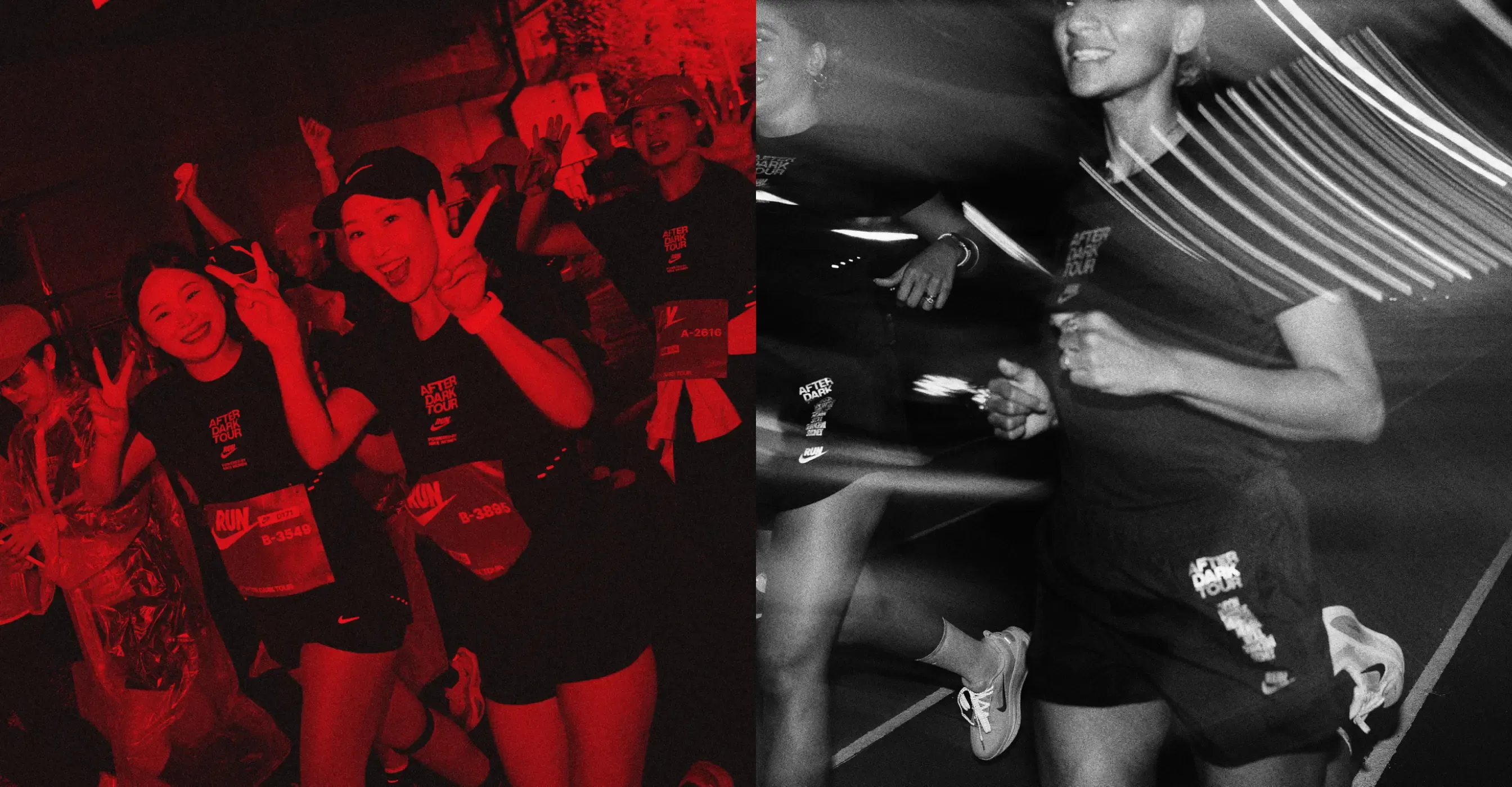 Smiling runners wearing race bibs flashing peace signs under red light beside runners on a track at night