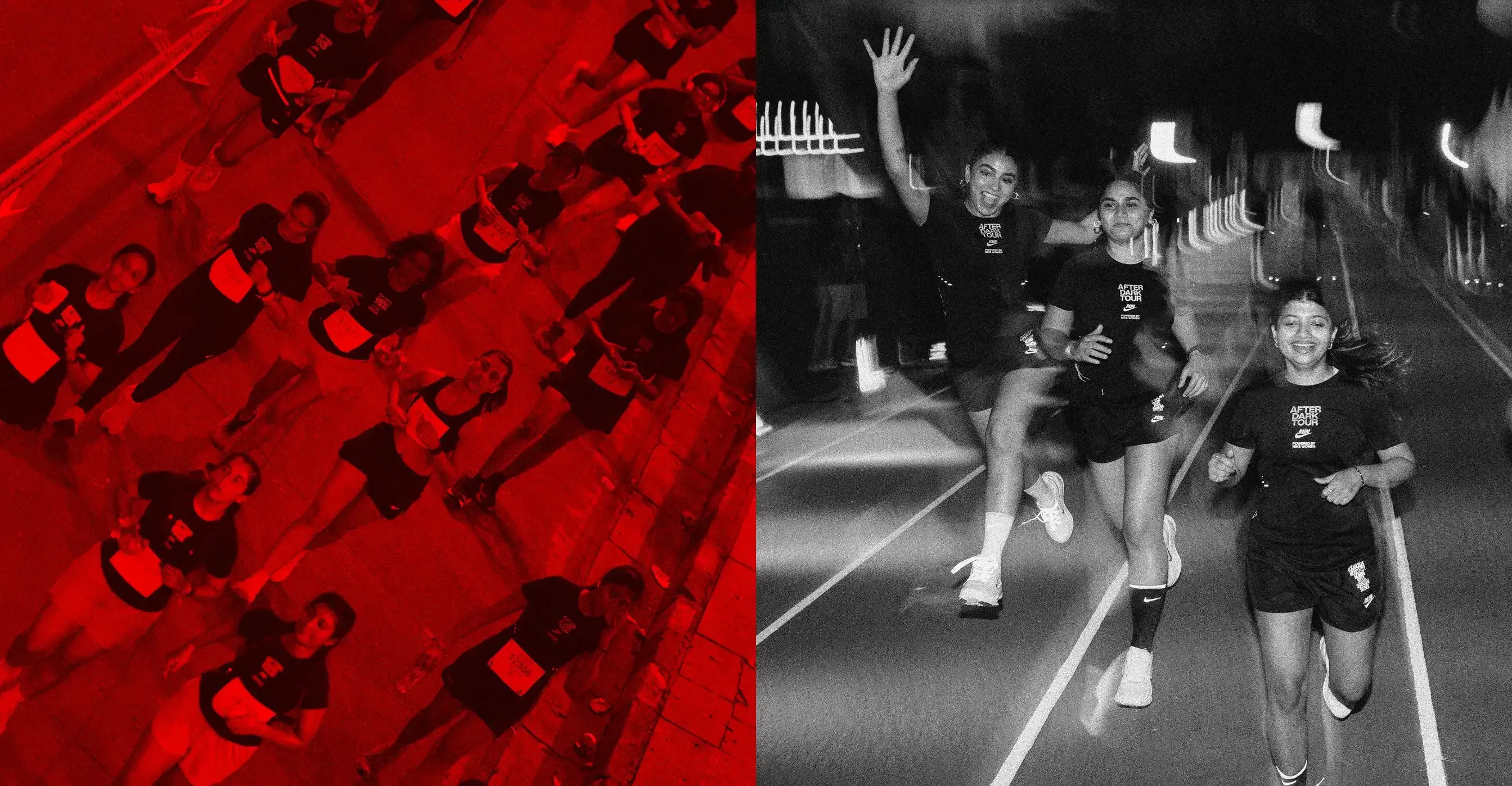 Runners on a red-lit street and a group of women running together at night