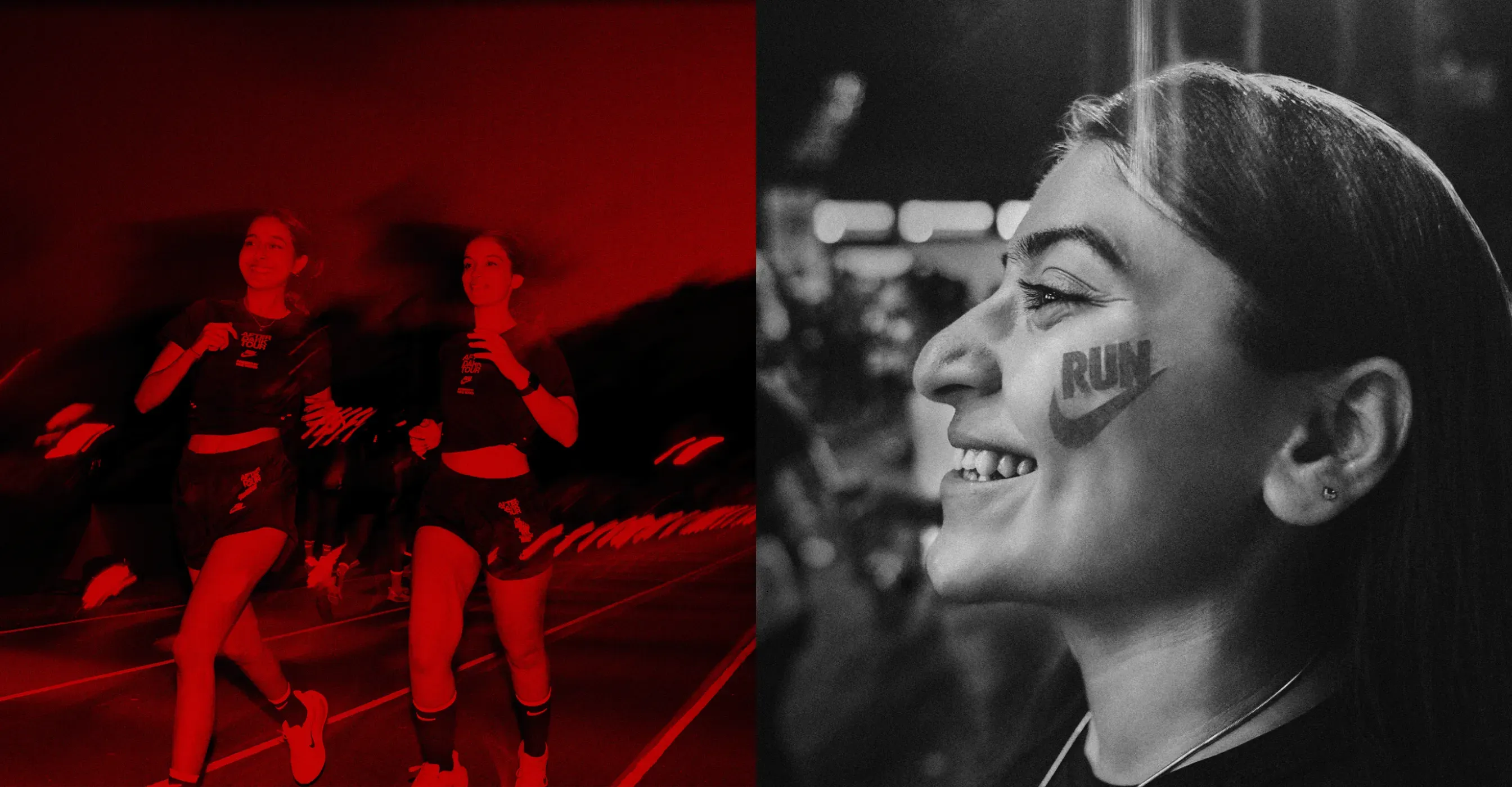 Two runners on a red-lit track and a smiling runner with RUN painted on her cheek
