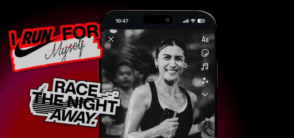 Phone mock-up showing runners sharing an Instagram story