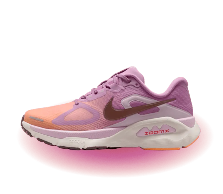 A purple and orange Nike running shoe with supportive cushioning