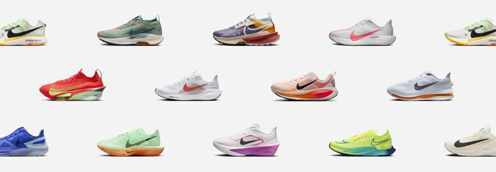 A grid of Nike running shoes in assorted colorways