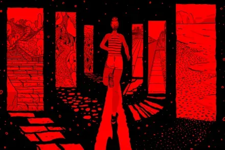 Illustration of a runner on a red path between tall panels of scenery