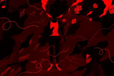 Illustration of a woman standing among swirling shapes