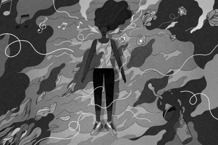 Illustration of a woman standing among swirling shapes