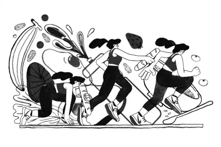 Illustration of runners surrounded by food